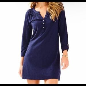 Lilly Pulitzer 3/4 Roll Tab Sleeve Essie Dress Navy Blue Gold Buttons Size M